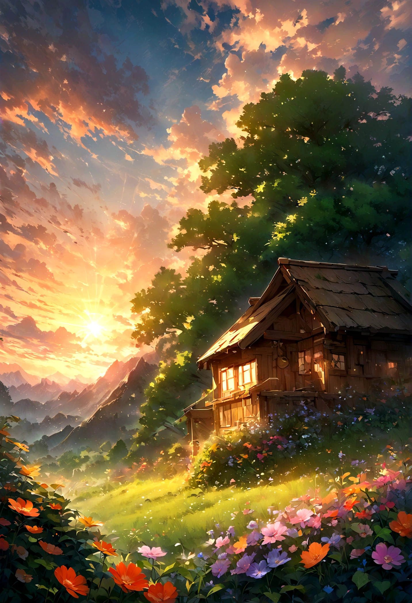 ((Masterpiece, top quality, high resolution)), ((highly detailed CG unified 8K wallpaper)), There is a plane flying in the morning sky, cloudy morning sunrise, strong sun rising in the sky, moody morning sunrise in the background, orange sky outside, cloudy morning sunrise, In the serene light of dawn, a small, rustic wooden house stands far away, almost hidden amidst a lush, green forest. The surrounding trees are bursting with life, their leaves shimmering in various shades of green and gold as the first rays of sunlight touch them. A majestic mountain looms in the background, its peak crowned with snow that glows softly under the early morning light. The sky is painted with shades of pink, orange, and lavender, dotted with whimsical clouds that seem to float effortlessly. Colorful flowers of all kinds bloom abundantly in the foreground, adding a splash of vivid reds, yellows, and purples to the scene.sky setting, morning sunrise in the background, sunrise is, morning sunrise in the background, sky in the background, sky in the background, dramatic sky and,