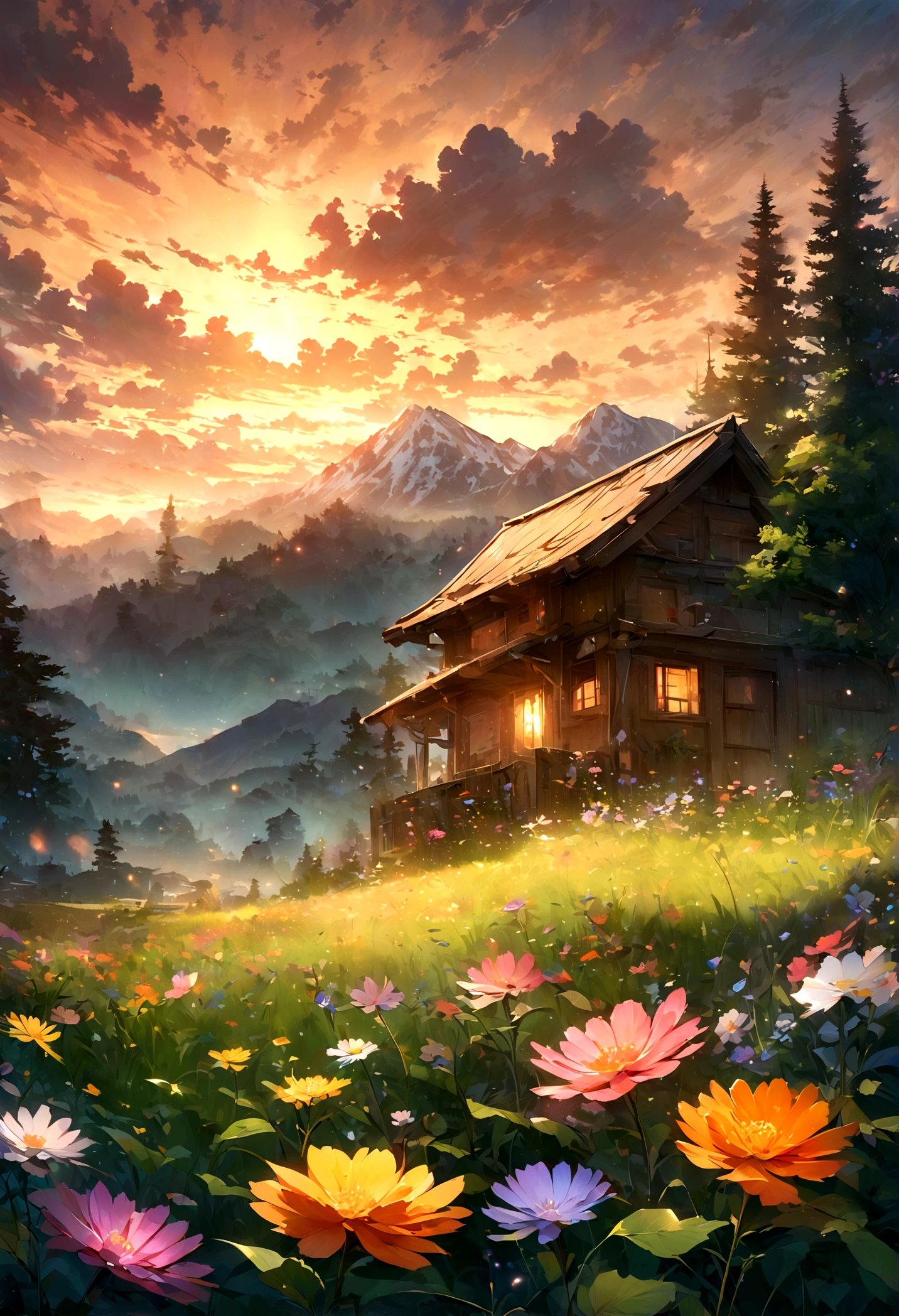 ((Masterpiece, top quality, high resolution)), ((highly detailed CG unified 8K wallpaper)), There is a plane flying in the morning sky, cloudy morning sunrise, strong sun rising in the sky, moody morning sunrise in the background, orange sky outside, cloudy morning sunrise, In the serene light of dawn, a small, rustic wooden house stands far away, almost hidden amidst a lush, green forest. The surrounding trees are bursting with life, their leaves shimmering in various shades of green and gold as the first rays of sunlight touch them. A majestic mountain looms in the background, its peak crowned with snow that glows softly under the early morning light. The sky is painted with shades of pink, orange, and lavender, dotted with whimsical clouds that seem to float effortlessly. Colorful flowers of all kinds bloom abundantly in the foreground, adding a splash of vivid reds, yellows, and purples to the scene.sky setting, morning sunrise in the background, sunrise is, morning sunrise in the background, sky in the background, sky in the background, dramatic sky and,