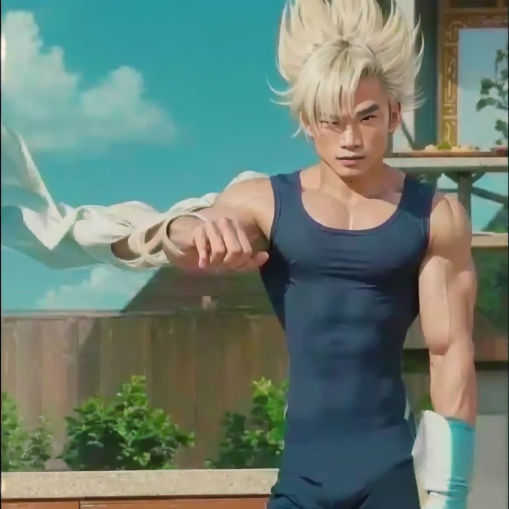 a meancing muscular asian villain with a blue tank top