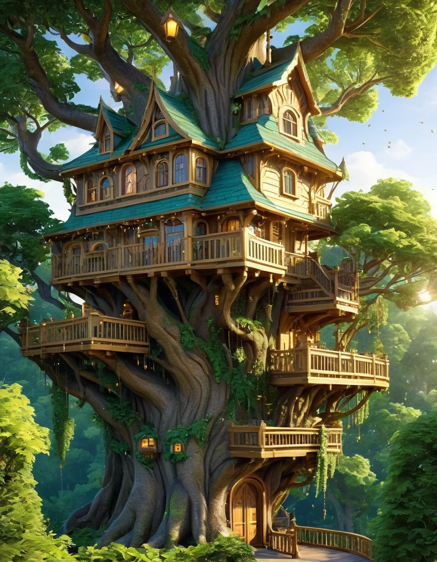 (whimsical treehouse,multiple floors,balconies,large tree,vibrant greenery,magical effect,fantasy,detailed environment,intricate architecture,lush foliage,warm lighting,enchanting atmosphere,highly detailed,cinematic,photorealistic,masterpiece:1.2,ultra-detailed,realistic,stunning,beautiful,detailed)