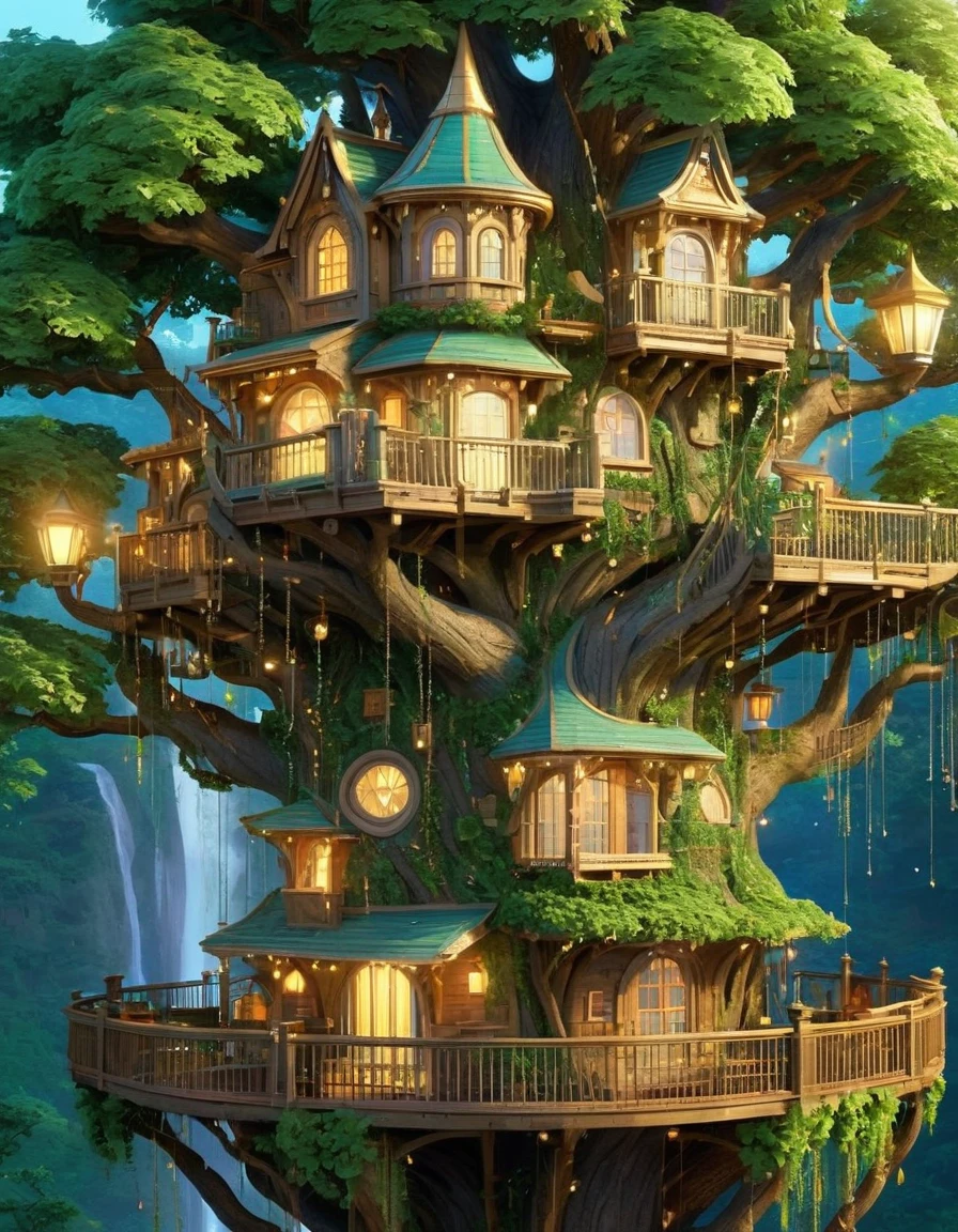 (whimsical treehouse,multiple floors,balconies,large tree,vibrant greenery,magical effect,fantasy,detailed environment,intricate architecture,lush foliage,warm lighting,enchanting atmosphere,highly detailed,cinematic,photorealistic,masterpiece:1.2,ultra-detailed,realistic,stunning,beautiful,detailed)