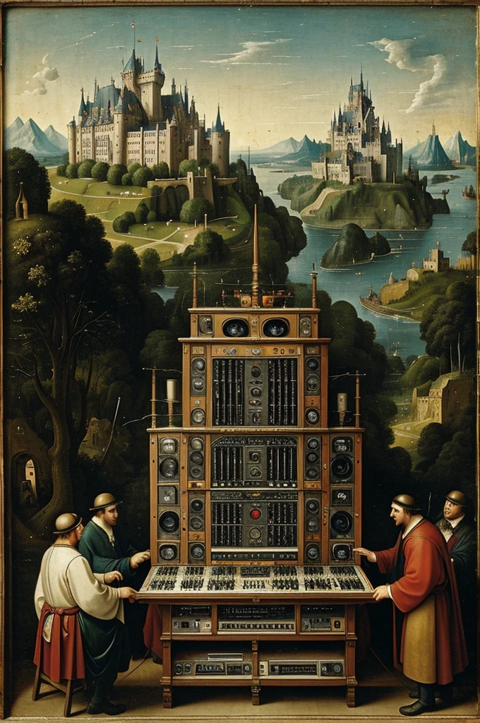 Very antique image of a  big rack full of controls, gadgets, lights and wires and  three men playing a synthesizer, with only one castle in the background, hieronymus bosch style, three men, big rack full of controls and wires, three men, masterpiece. 
