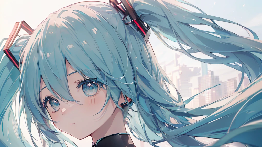 ((Asahi), ((Beautiful eyes)), (((Hatsune Miku))), (((Highest quality、masterpiece、Ultra-fine、Ultra-fine、Exquisite、16K、Full HD,))) 、(((profile、Looking up))),Long eyelashes、White skin、(thin and long)、 ((cute)) ((One person)) 、