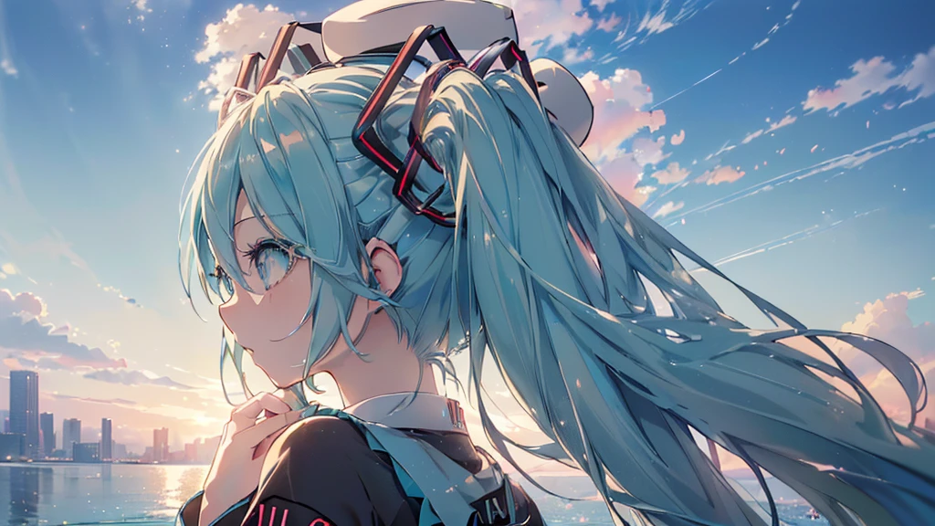 ((Asahi), ((Beautiful eyes)), (((Hatsune Miku))), (((Highest quality、masterpiece、Ultra-fine、Ultra-fine、Exquisite、16K、Full HD,))) 、(((profile、Looking up))),Long eyelashes、White skin、(thin and long)、 ((cute)) ((One person)) 、