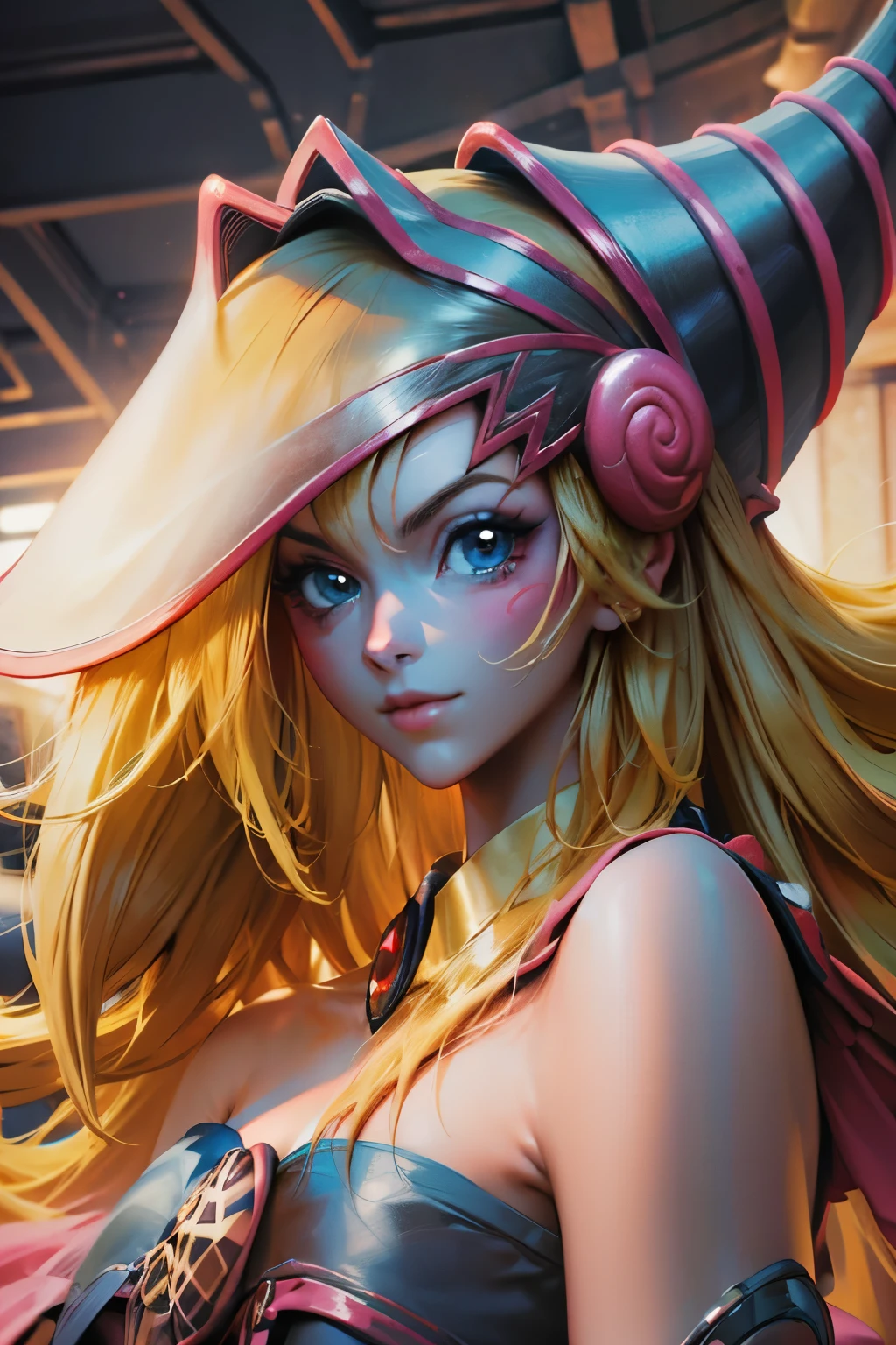 Beautiful face of dark magician gils, blue eyes. pink lips. Long blonde hair. exposed shoulders, angelic smile, beautiful well detailed face of dark magician gils.