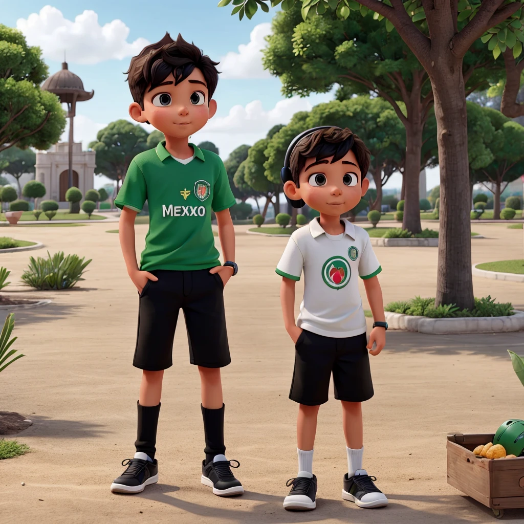 A boy, with a Mexico shirt,with black pants, black tennis shoes,With headphones,stopped, eating a Sabrita,and at the bottom a tray from Mexico,in a park