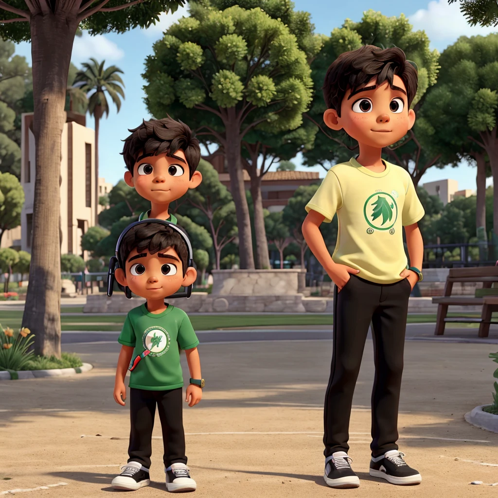 A boy, with a Mexico shirt,with black pants, black tennis shoes,With headphones,stopped, eating a Sabrita,and at the bottom a tray from Mexico,in a park 
