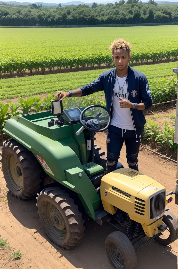 Neymar taking a photo with an agricultural machine