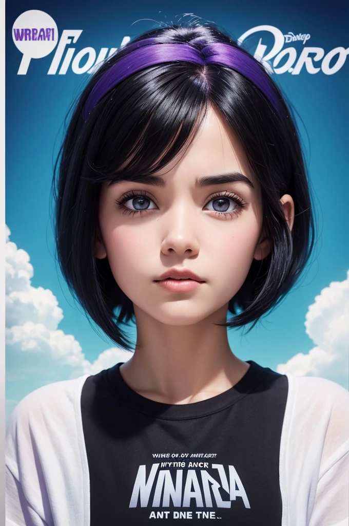A poster from the Disney Pixar films, a girl with black hair and white hair, black hair and white hair with a purple t-shirt