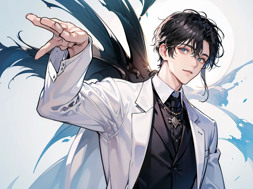 a man, with black hair, wearing a white hat, white suit and black shirt and white tie, a time lord, he is handsome, half body smile facing the camera, kerenn🔥 dia masih muda anj