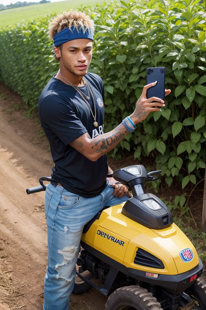 Neymar taking a photo with an agricultural machine 
