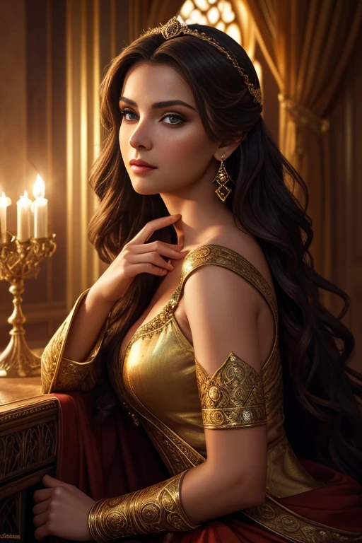 a beautiful woman, perfect face, detailed eyes, seductive expression, luxurious hair, natural beauty,5th century elegant attire, alluring pose, dramatic lighting, cinematic composition, vibrant colors, fantasy art style, photorealistic, 8k, best quality, masterpiece