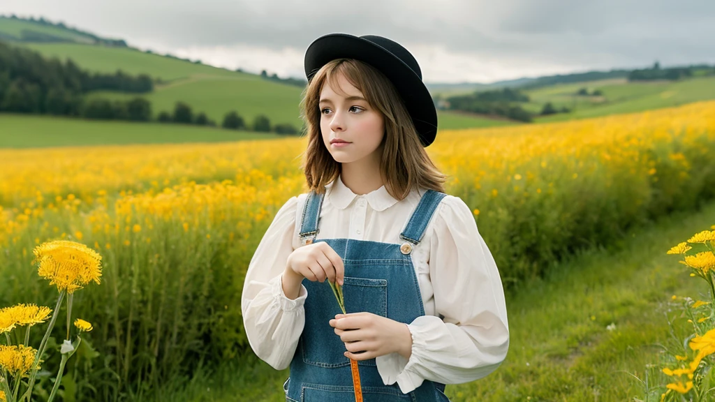 The composition centers on a detailed, anthropomorphic kitten dressed in overalls and a hat with a butterfly patch, holding a dandelion. The subject—a light orange tabby kitten—stands amid a field of dandelions, adding a charming and playful touch. The background is a softly blurred landscape with green hills and an overcast sky, enhancing the foreground's focus on the kitten and flowers. The overall atmosphere evokes a sense of innocence and exploration.