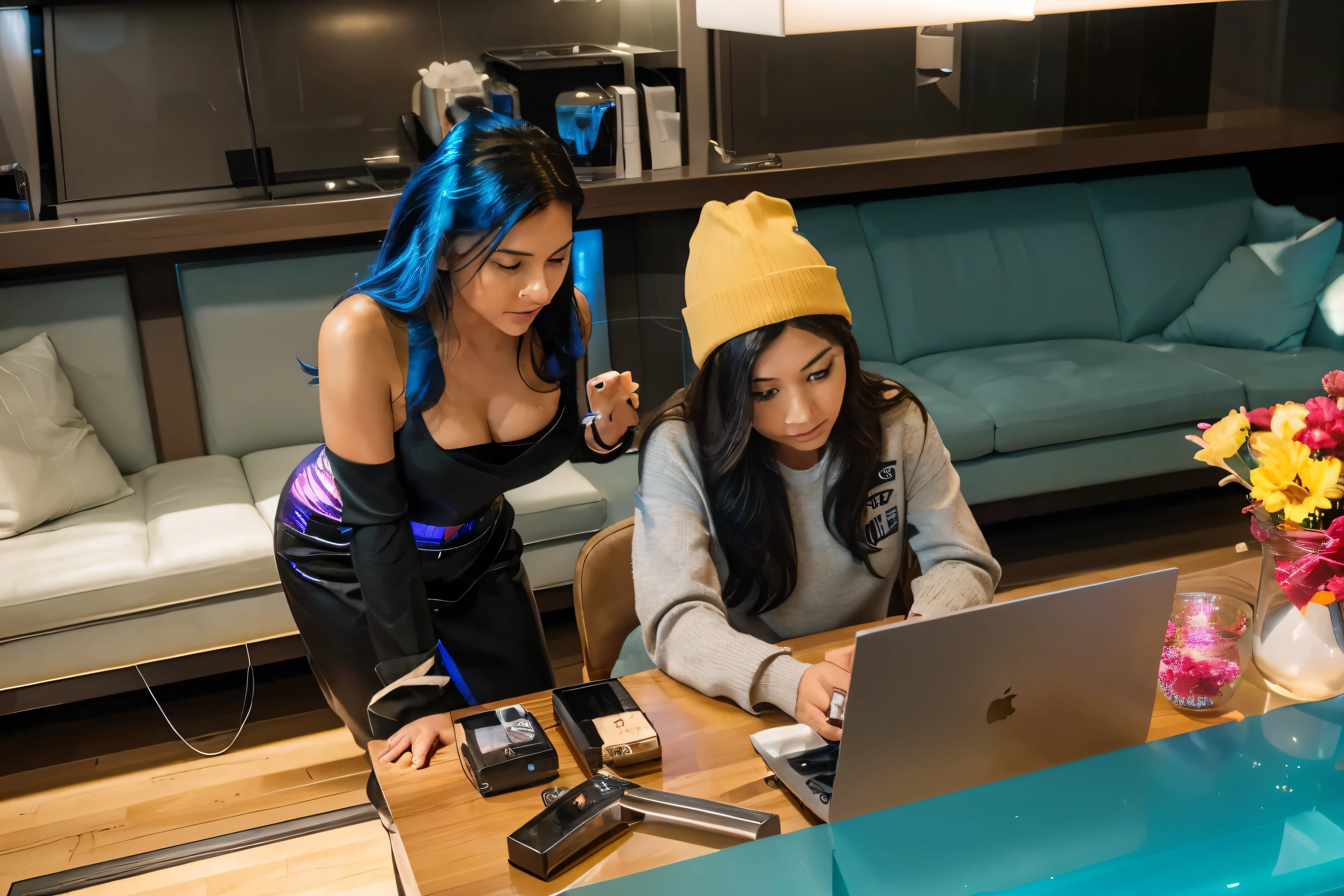 (Best quality, 8k, 32k, Masterpiece, UHD:1.2), "Transform the scene to the interior of a house that embodies both futuristic elegance and everyday comfort, inspired by the world of Valorant. Picture a sleek, modern living space that seamlessly integrates advanced technology with a cozy, lived-in atmosphere.

The living room features a large, wall-mounted holographic display that serves as both an entertainment system and a control hub for the house's smart features. The walls are adorned with minimalist, digital artwork that changes dynamically, providing a constant source of visual interest.

The furniture is a blend of high-tech materials and classic comfort, with a sleek, modular sofa made from advanced fabrics that adjust for optimal comfort. A transparent coffee table with integrated touch controls allows for instant access to news, weather, and personal messages.

The lighting is subtle and adaptive, with recessed LED strips that change color and intensity based on the time of day and the homeowner's preferences. Large windows with smart glass technology offer stunning views of a futuristic cityscape while regulating light and temperature.

In the kitchen, state-of-the-art appliances are seamlessly built into the countertops and cabinetry, which feature clean lines and glossy finishes. A holographic assistant hovers above the kitchen island, ready to provide recipes, manage schedules, and control home systems.

The overall design is sleek and sophisticated, yet it also includes personal touches such as family photos in digital frames and a shelf of well-worn books. This balance of high-tech elegance and everyday warmth creates a space that is both impressive and inviting, perfectly suited to the dynamic world of Valorant."