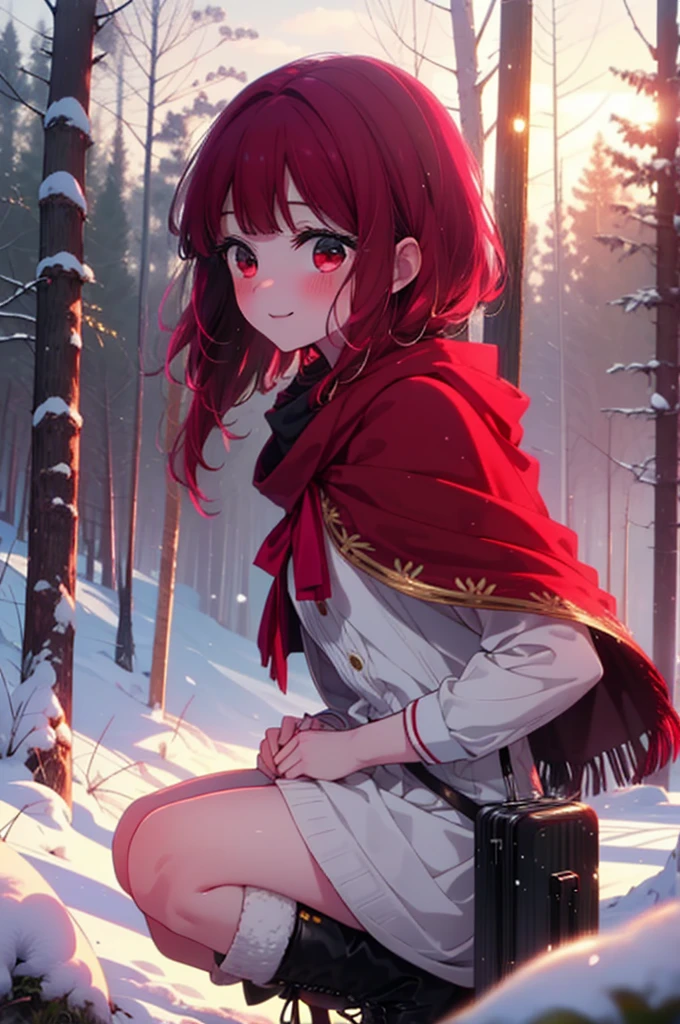 canary, Arima etc.., Long Hair,bangs, (Red eyes:1.3), Redhead, smile,Small breasts,ribbon,smile,blush,White Breath,
Open your mouth,snow,Ground bonfire, Outdoor, boots, snowing, From the side, wood, suitcase, Cape, Blurred, , forest, White handbag, nature, Squat, Mouth closed, Cape, winter, Written boundary depth, Black shoes, red Cape break looking at viewer, Upper Body, whole body, break Outdoor, forest, nature, break (masterpiece:1.2), Highest quality, High resolution, unity 8k wallpaper, (shape:0.8), (Beautiful and beautiful eyes:1.6), Highly detailed face, Perfect lighting, Extremely detailed CG, (Perfect hands, Perfect Anatomy),