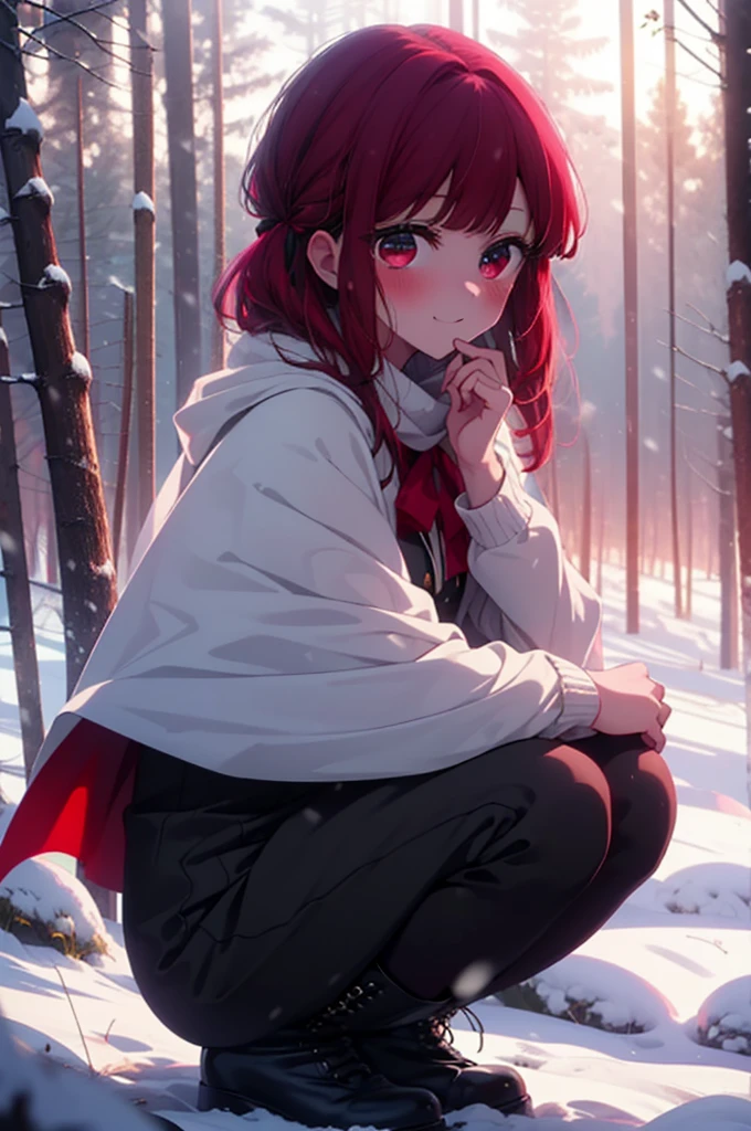 canary, Arima etc.., Long Hair,bangs, (Red eyes:1.3), Redhead, smile,Small breasts,ribbon,smile,blush,White Breath,
Open your mouth,snow,Ground bonfire, Outdoor, boots, snowing, From the side, wood, suitcase, Cape, Blurred, , forest, White handbag, nature, Squat, Mouth closed, Cape, winter, Written boundary depth, Black shoes, red Cape break looking at viewer, Upper Body, whole body, break Outdoor, forest, nature, break (masterpiece:1.2), Highest quality, High resolution, unity 8k wallpaper, (shape:0.8), (Beautiful and beautiful eyes:1.6), Highly detailed face, Perfect lighting, Extremely detailed CG, (Perfect hands, Perfect Anatomy),