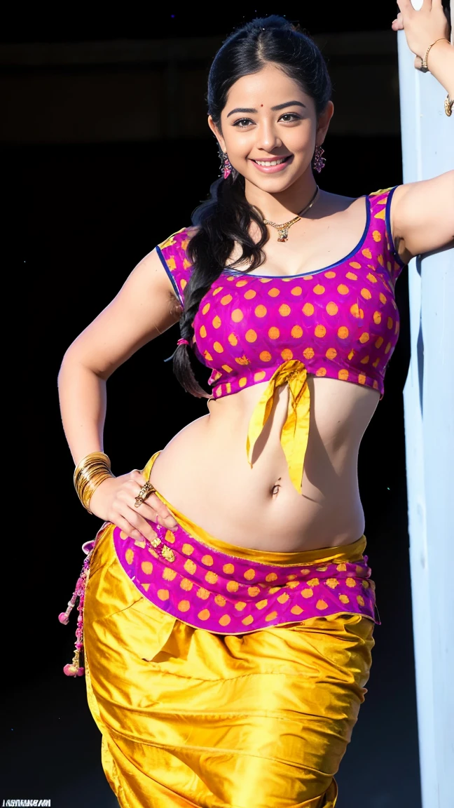HD wallpaper 32k cinematic shoot of a Beautiful cute Rashmika Mandanna, with thick thighs and a curvy waist, twin braids,  wearing an Indian blouse top, horny, seductively, in a school corridor, dotted blouse top, smiling, ((long curvy waist)), ((lowwaist)), ((curvy waist))