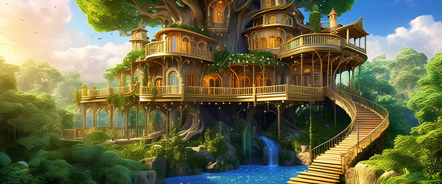 (whimsical treehouse,multiple floors,balconies,large tree,vibrant greenery,magical effect,fantasy,detailed environment,intricate architecture,lush foliage,warm lighting,enchanting atmosphere,highly detailed,cinematic,photorealistic,masterpiece:1.2,ultra-detailed,realistic,stunning,beautiful,detailed)