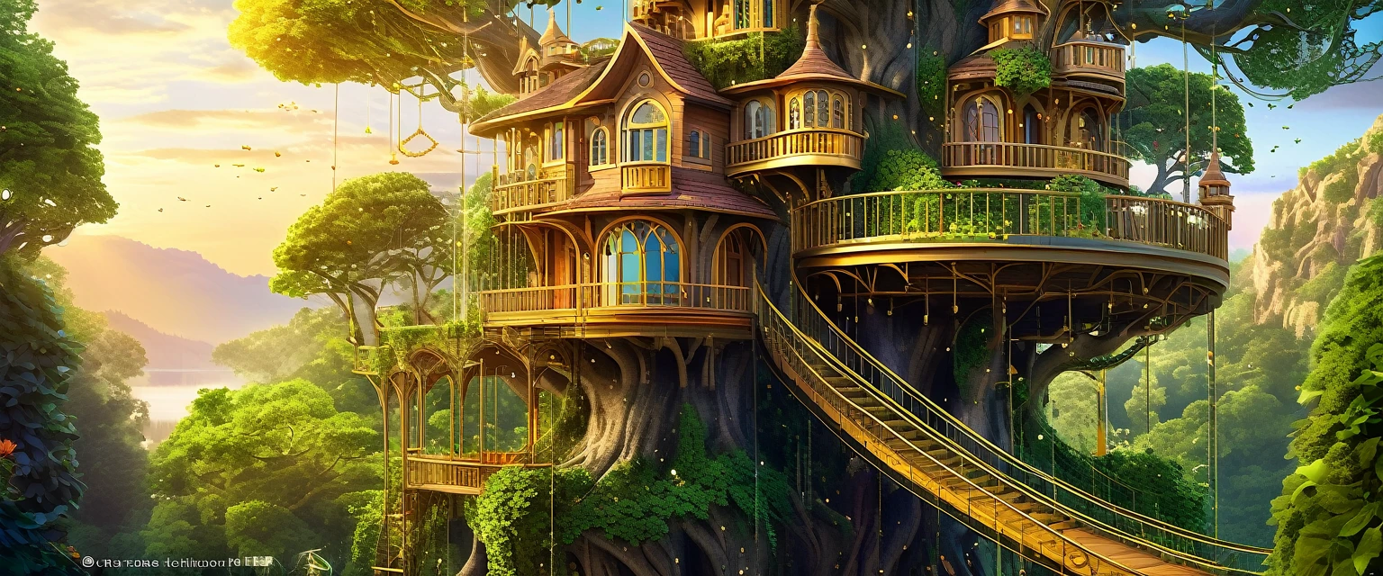 (whimsical treehouse,multiple floors,balconies,large tree,vibrant greenery,magical effect,fantasy,detailed environment,intricate architecture,lush foliage,warm lighting,enchanting atmosphere,highly detailed,cinematic,photorealistic,masterpiece:1.2,ultra-detailed,realistic,stunning,beautiful,detailed)
