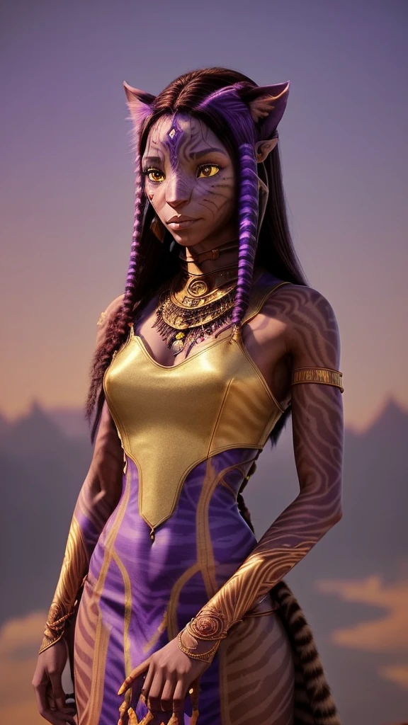 Na'vi woman with purple skin,With dark stripes like a tiger on the skin, Reddish cat ears, long cat nose, red eyes Completely covered in a furry white tribal dress, best quality, perfect face (Arabic clothes and golden jewelry) Holding scepter