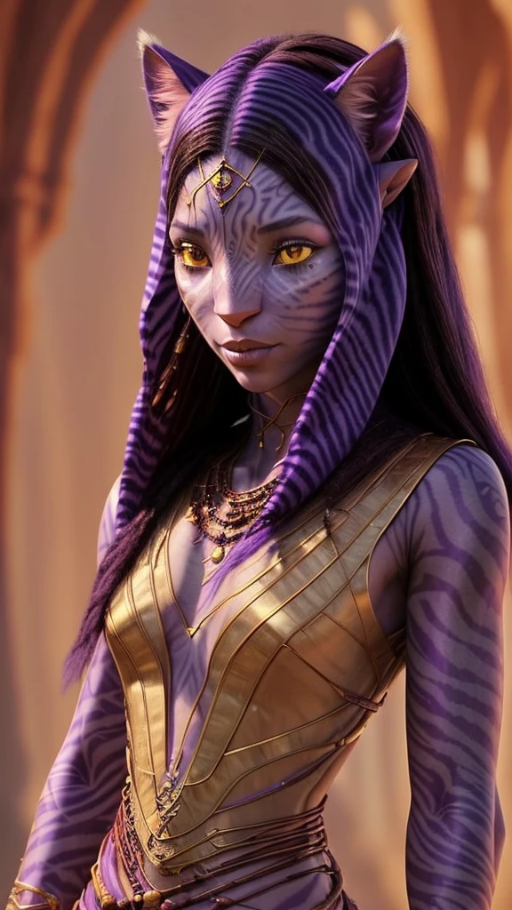 Na'vi woman with purple skin,With dark stripes like a tiger on the skin, Reddish cat ears, long cat nose, red eyes Completely covered in a furry white tribal dress, best quality, perfect face (Arabic clothes and golden jewelry) Holding scepter