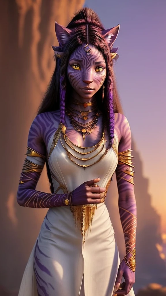 Na'vi woman with purple skin,With dark stripes like a tiger on the skin, Reddish cat ears, long cat nose, red eyes Completely covered in a furry white tribal dress, best quality, perfect face (Arabic clothes and golden jewelry) Holding scepter