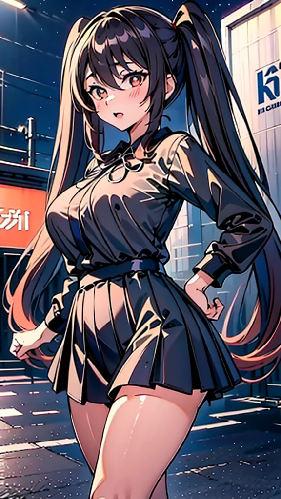 masterpiece, best quality, HuTaoV4, 1girl, solo, blush, twintails, long hair, hair between eyes, ((streetwear clothes)), city, outdoors, night, movie poster, extremely detailed 8K, smooth, high resolution, ultra quality, cinematic lighting, ambient occlusion, hd, 2k, 4k, 8k, 16k, extremely detailed anime, detailed faces, perfect composition, wide shot, atmospheric lighting, very sexy, lift skirt, random low back angle, uncensored, nsfw, sin censura