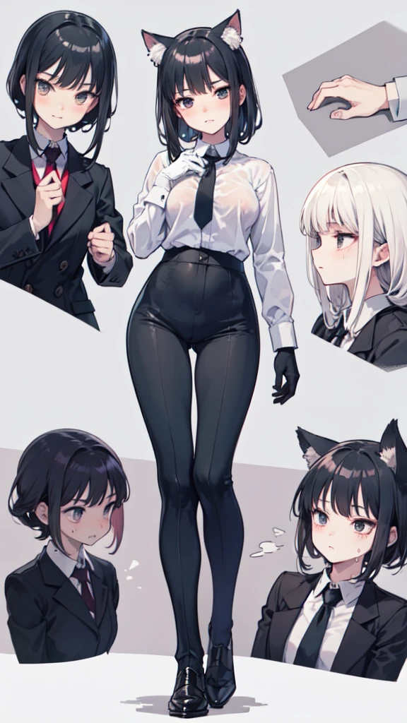 18-year-old Shota，cute，Wear a white long-sleeved shirt and a black work tie，Wear black pants，Wear black booties，Wear white gloves，wear cat ear，Black hair，Black eyes，Very thin waist，Very thin legs，Handsome，Disdainful and cold expression，shy，blush，Sweating，porn，Is giving sexual assault，Glove removal actionp