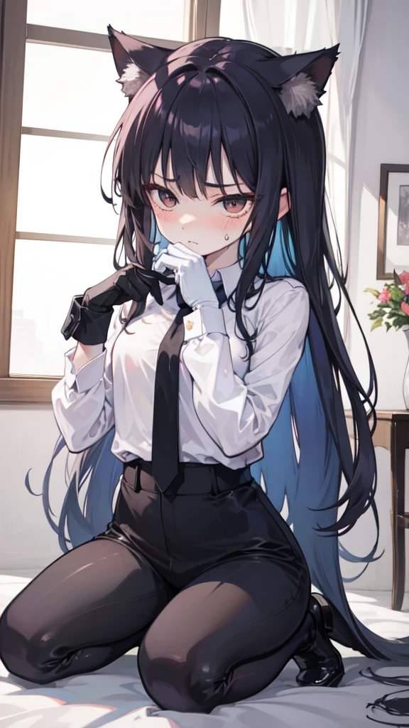 18-year-old Shota,cute,Wear a white long-sleeved shirt and a black work tie,Wear black pants,Wear black booties,Wear white gloves,wear cat ear,Black hair,Black eyes,blush,sweat,Fear,Unwilling,uncomfortable,porn