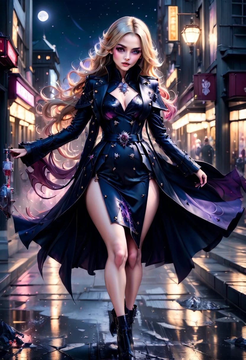 fantasy art, modern and gothic art, (masterpiece:1.5), full body best details, highly detailed, best quality, highres, full body portrait of a female vampire (Masterpiece, best quality: 1.6), ultra feminine, with a long curvy hair, blond hair, (red:1.3) eyes, ((beautiful delicate face)), Ultra Detailed Face (wearing elegant glamour open black trench coat: 1.5) , (flowing black trench coat: 1.5), wearing an intricate (purple suit: 1.2) (intricate details, Masterpiece, best quality: 1.3), high heeled boots, urban background (intense details, beat details), fantasy, at night light, natural ,moon light, clouds, gothic atmosphere, soft light, ((anatomically correct: 1.3)), high details, best quality, 16k, [ultra detailed], masterpiece, best quality, (extremely detailed), dynamic angle, drkfntasy, evening dress