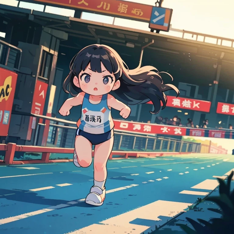 Little mascot girl, Young female athlete racing on the road, Long flowing black hair, Sleek and aerodynamic running wear, intense expression, Several female athletes compete in a heated race, Dynamic Motion Blur, A low-angle view that emphasizes long legs and powerful strides, Cinema Lighting, Vibrant colors, (Highest quality,4K,8K,High resolution,masterpiece:1.2),Super detailed,(Realistic,photoRealistic,photo-Realistic:1.37),Very detailed顔と目,Beautiful lip detail,Very detailed, hyper Realistic, Professional photography, Cinema Lighting, Dynamic action scenes, Wonderful landscape