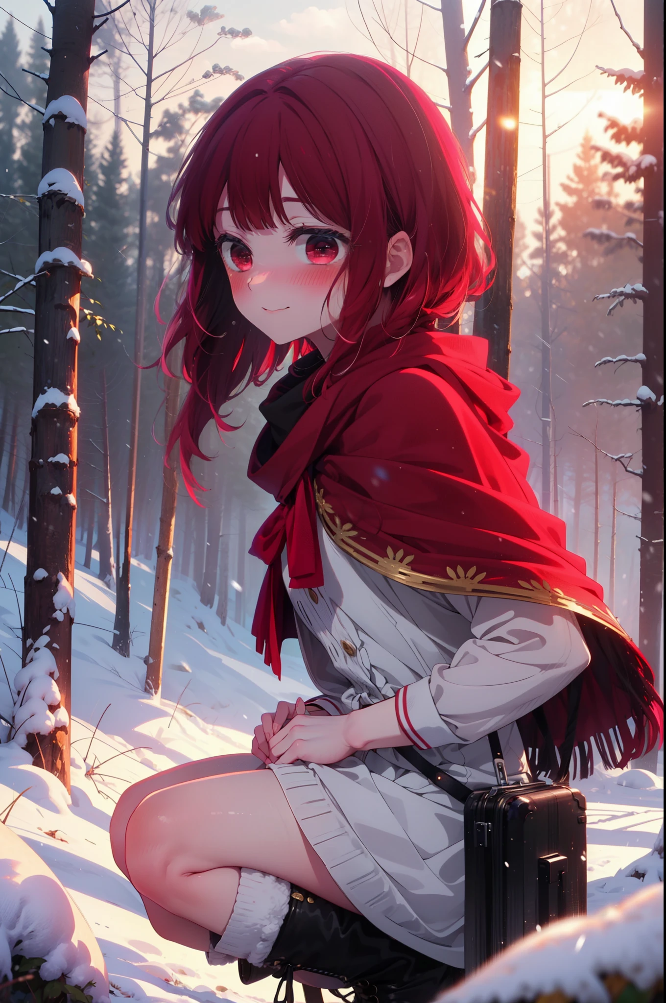 canary, Arima etc.., Long Hair,bangs, (Red eyes:1.3), Redhead, smile,Small breasts,ribbon,smile,blush,White Breath,
Open your mouth,snow,Ground bonfire, Outdoor, boots, snowing, From the side, wood, suitcase, Cape, Blurred, , forest, White handbag, nature, Squat, Mouth closed, Cape, winter, Written boundary depth, Black shoes, red Cape break looking at viewer, Upper Body, whole body, break Outdoor, forest, nature, break (masterpiece:1.2), Highest quality, High resolution, unity 8k wallpaper, (shape:0.8), (Beautiful and beautiful eyes:1.6), Highly detailed face, Perfect lighting, Extremely detailed CG, (Perfect hands, Perfect Anatomy),
