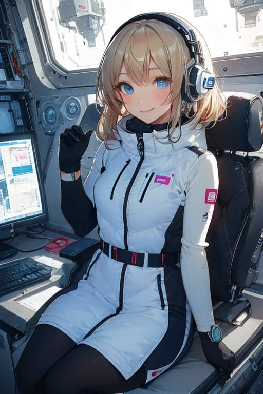 masterpiece, highest quality, high resolution, breasts, 20yo,1 girl,(solo):2,,blonde hair,(inside space station):2,flying:2,floatong:2,zero gravity,wind:1.5,anime lovelive style,
BREAK
headphone,(futurstic tight-fit bodysuit):2,(shiny silver long downvest):100,(northface silver metallic puffy downvest):2,(puffy):2,(black sleeves):5,(black tights):2,(black belt),futuristic boots and gloves,(smartwatch):100,astrovest
BREAK
1 girls, sitting in spacecraft cabin with 4-point seat belt, securely fastened, space station interior, looking out of large windows at Earth below, beautiful eyes, she have aluminum foil pouch,(aluminum foil pouch with plastic viewing window):2, contains nutritious liquid or puree together, smiling and chatting, bright and cheerful expressions, high quality cinematic lighting, detailed textures, sharp focus,blue hair,blue eyes,