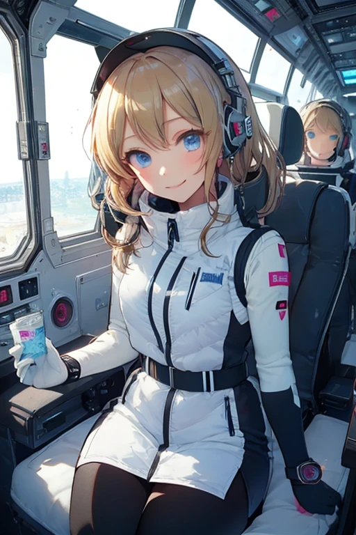 masterpiece, highest quality, high resolution, breasts, 20yo,1 girl,(solo):2,,blonde hair,(inside space station):2,flying:2,floatong:2,zero gravity,wind:1.5,anime lovelive style,
BREAK
headphone,(futurstic tight-fit bodysuit):2,(shiny silver long downvest):100,(northface silver metallic puffy downvest):2,(puffy):2,(black sleeves):5,(black tights):2,(black belt),futuristic boots and gloves,(smartwatch):100,astrovest
BREAK
1 girls, sitting in spacecraft cabin with 4-point seat belt, securely fastened, space station interior, looking out of large windows at Earth below, beautiful eyes, she have aluminum foil pouch,(aluminum foil pouch with plastic viewing window):2, contains nutritious liquid or puree together, smiling and chatting, bright and cheerful expressions, high quality cinematic lighting, detailed textures, sharp focus,blue hair,blue eyes,