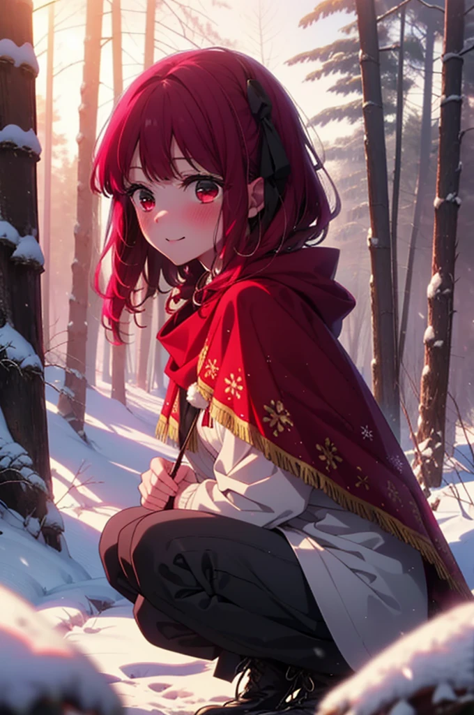 canary, Arima etc..,  Long Hair,bangs, (Red eyes:1.3), Redhead, smile,Small breasts,ribbon,smile,blush,White Breath,
Open your mouth,snow,Ground bonfire, Outdoor, boots, snowing, From the side, wood, suitcase, Cape, Blurred, , forest, White handbag, nature,  Squat, Mouth closed, Cape, winter, Written boundary depth, Black shoes, red Cape break looking at viewer, Upper Body, whole body, break Outdoor, forest, nature, break (masterpiece:1.2), Highest quality, High resolution, unity 8k wallpaper, (shape:0.8), (Beautiful and beautiful eyes:1.6), Highly detailed face, Perfect lighting, Extremely detailed CG, (Perfect hands, Perfect Anatomy),