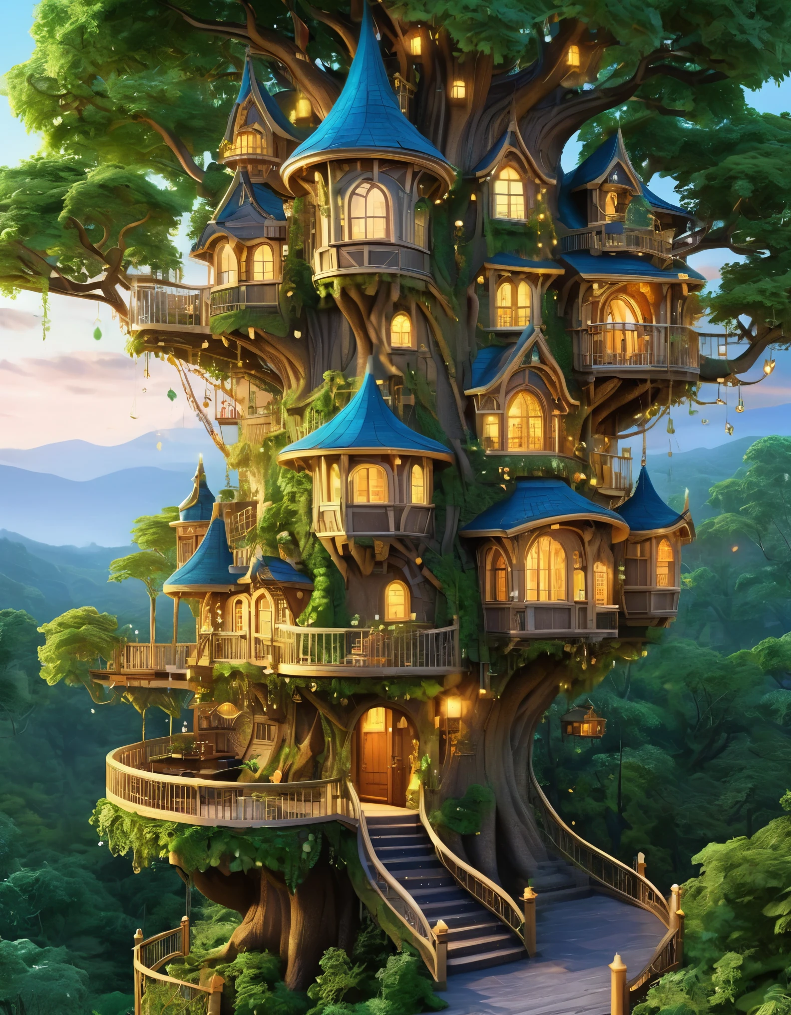(whimsical treehouse,multiple floors,balconies,large tree,vibrant greenery,magical effect,fantasy,detailed environment,intricate architecture,lush foliage,warm lighting,enchanting atmosphere,highly detailed,cinematic,photorealistic,masterpiece:1.2,ultra-detailed,realistic,stunning,beautiful,detailed)