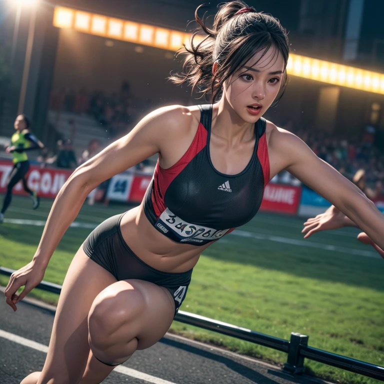 Young female athlete racing on the road, Long flowing black hair, Sleek and aerodynamic running wear, intense expression, Several female athletes compete in a heated race, Dynamic Motion Blur, A low-angle view that emphasizes long legs and powerful strides, Cinema Lighting, Vibrant colors, (Highest quality,4K,8K,High resolution,masterpiece:1.2),Super detailed,(Realistic,photoRealistic,photo-Realistic:1.37),Very detailed顔と目,Beautiful lip detail,Very detailed, hyper Realistic, Professional photography, Cinema Lighting, Dynamic action scenes, Wonderful landscape