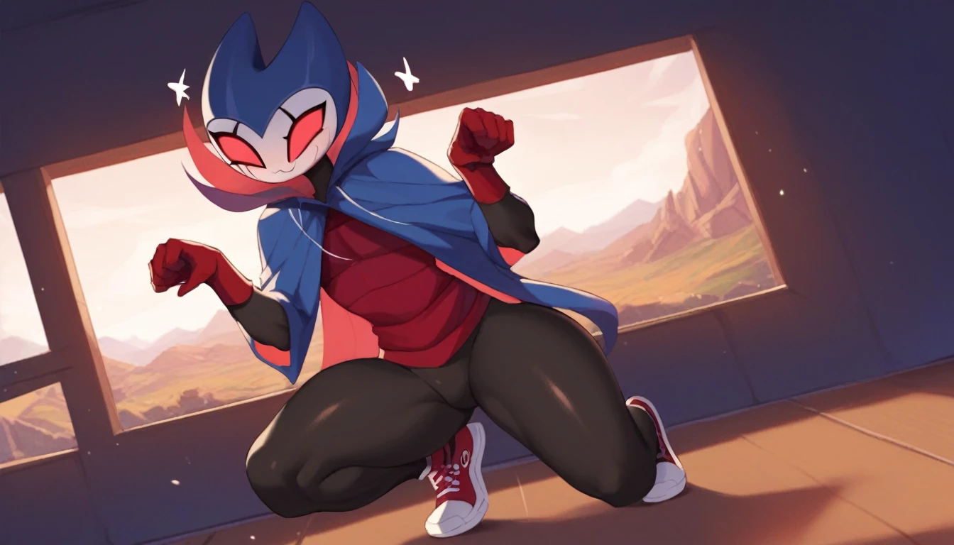 score_9, score_8_up, score_7_up, score_6_up, zPDXL2, grimm \(hollow knight\), vampire, bat, 1boy, solo, cute face, detailed eyes, anthro, near the window, landscape, highlight thighs, red sports gloves, sneakers, blue hooded sweatshirt, thick thighs, smug face, cat pose, NSFW 