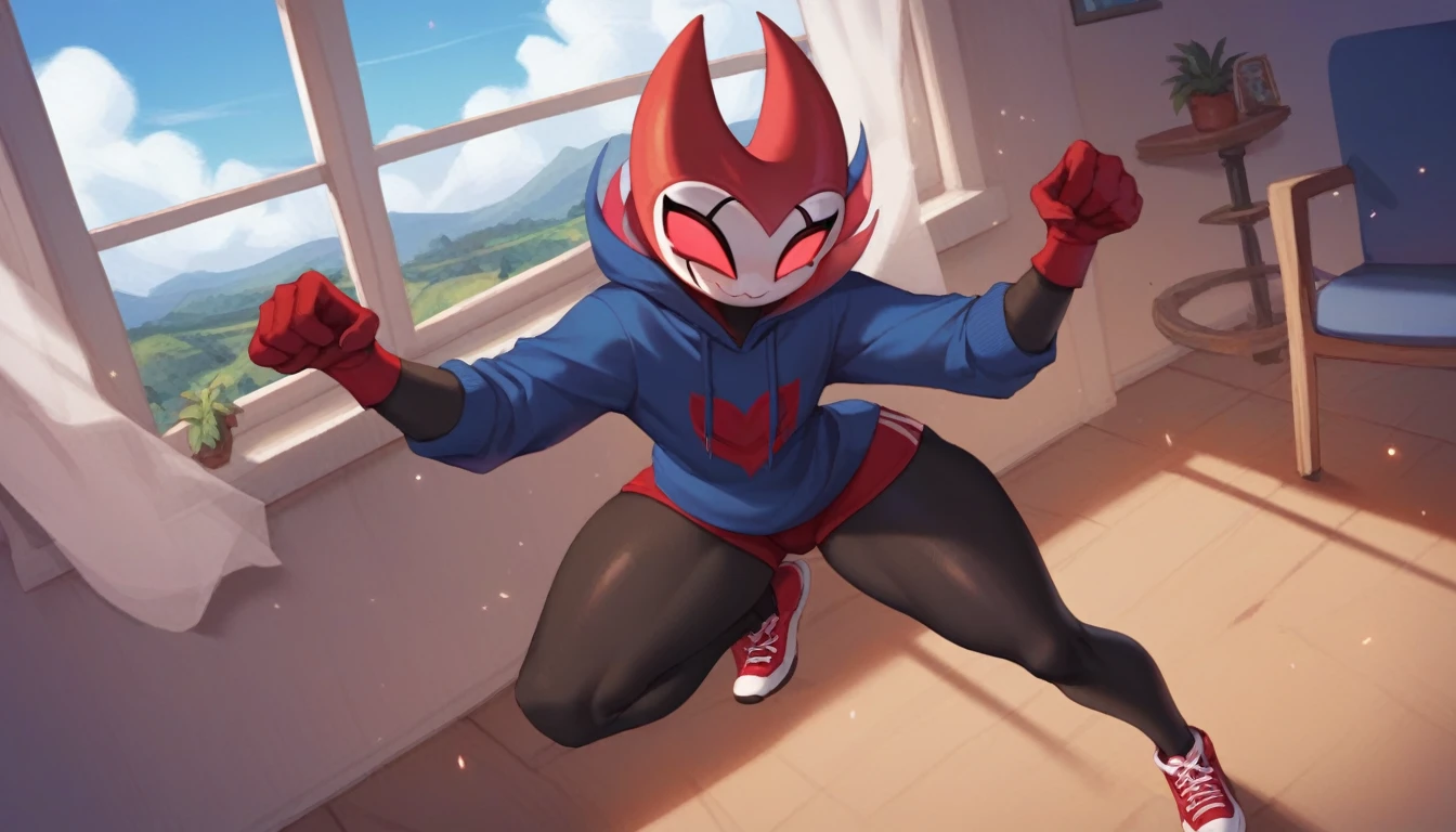 score_9, score_8_up, score_7_up, score_6_up, zPDXL2, grimm \(hollow knight\), vampire, bat, 1boy, solo, cute face, detailed eyes, anthro, near the window, landscape, highlight thighs, red sports gloves, sneakers, blue hooded sweatshirt, thick thighs, smug face, cat pose, NSFW 