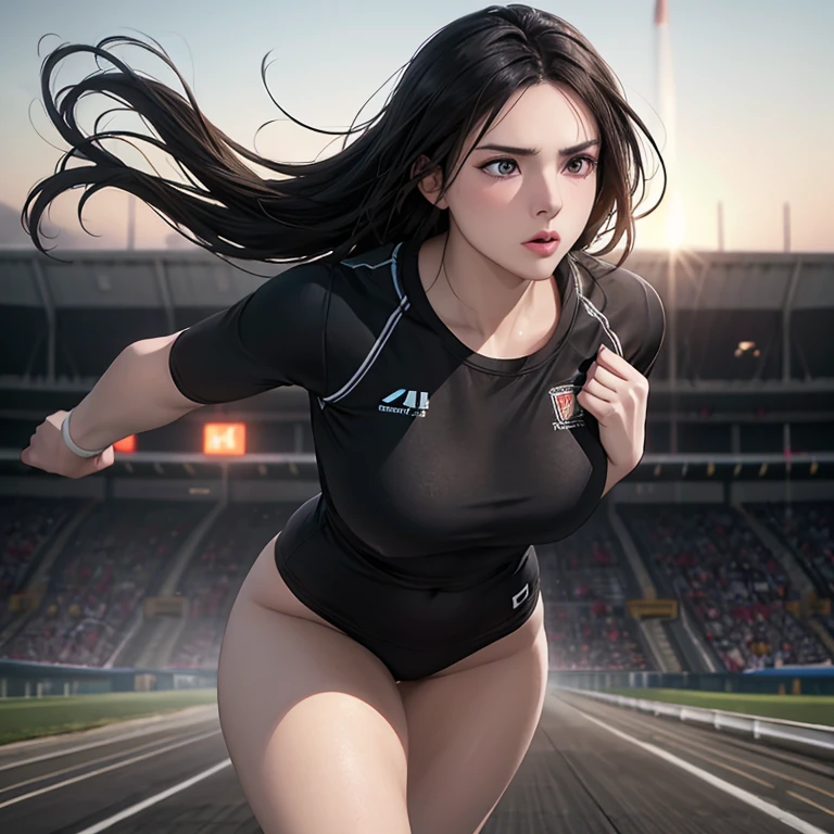 Young female athlete racing on the road, Long flowing black hair, Sleek and aerodynamic running wear, intense expression, Several female athletes compete in a heated race, Dynamic Motion Blur, A low-angle view that emphasizes long legs and powerful strides, Cinema Lighting, Vibrant colors, (Highest quality,4K,8K,High resolution,masterpiece:1.2),Super detailed,(Realistic,photoRealistic,photo-Realistic:1.37),Very detailed顔と目,Beautiful lip detail,Very detailed, hyper Realistic, Professional photography, Cinema Lighting, Dynamic action scenes, Wonderful landscape