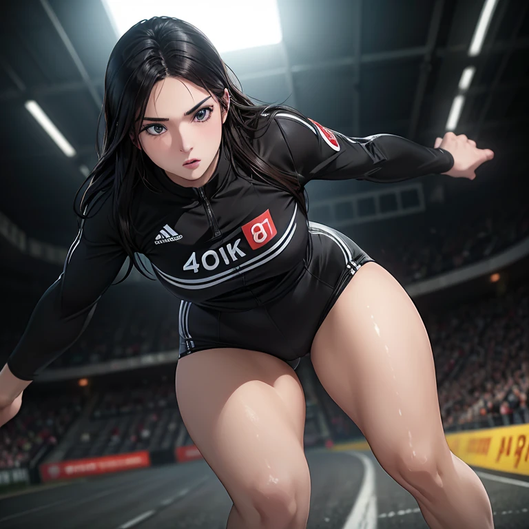 Young female athlete racing on the road, Long flowing black hair, Sleek and aerodynamic running wear, intense expression, Several female athletes compete in a heated race, Dynamic Motion Blur, A low-angle view that emphasizes long legs and powerful strides, Cinema Lighting, Vibrant colors, (Highest quality,4K,8K,High resolution,masterpiece:1.2),Super detailed,(Realistic,photoRealistic,photo-Realistic:1.37),Very detailed顔と目,Beautiful lip detail,Very detailed, hyper Realistic, Professional photography, Cinema Lighting, Dynamic action scenes, Wonderful landscape