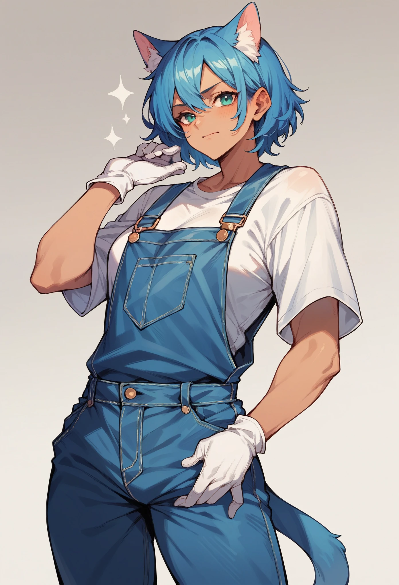 A blue cat that wears dark blue overalls and also has white gloves