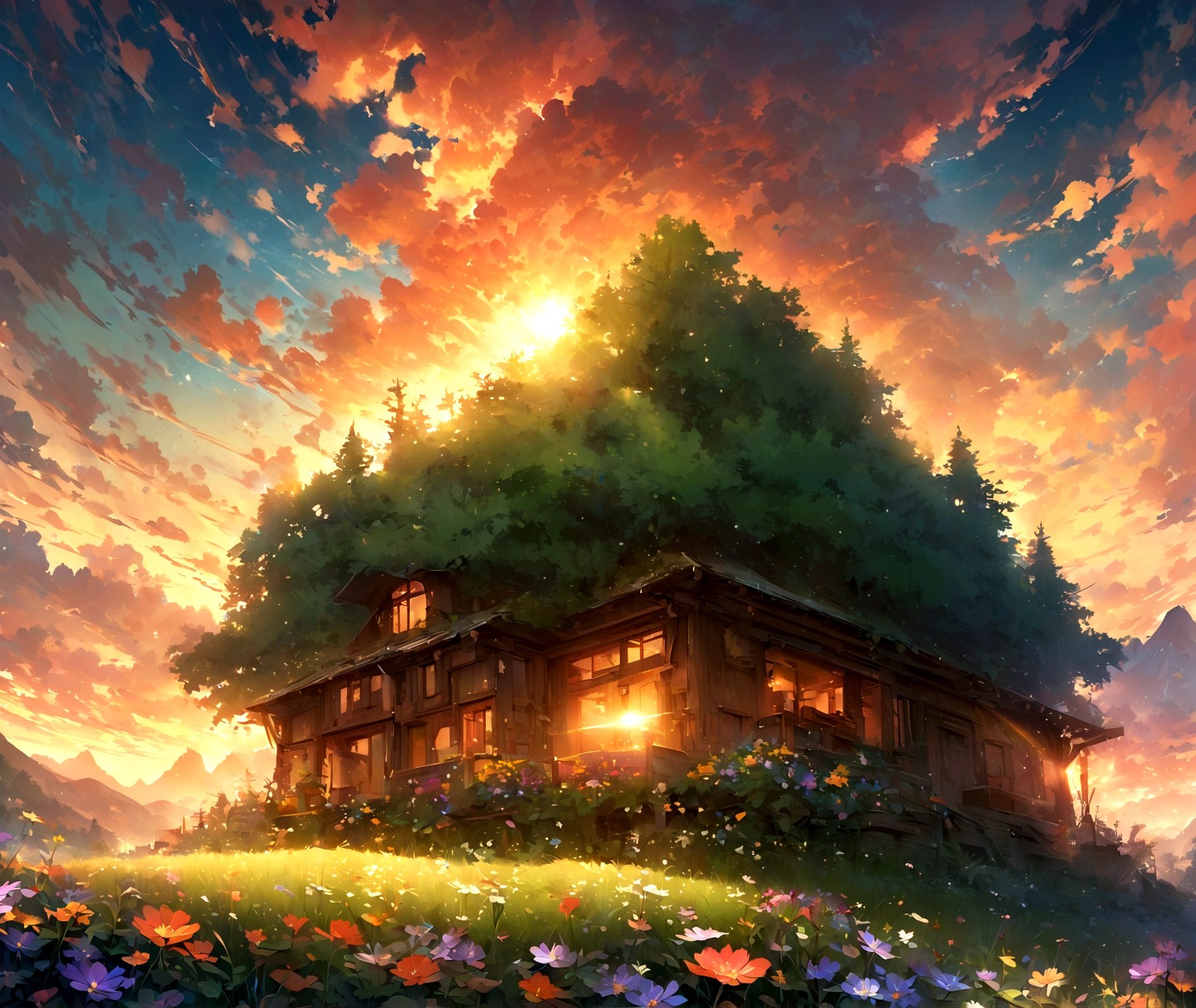 ((Masterpiece, top quality, high resolution)), ((highly detailed CG unified 8K wallpaper)), There is a plane flying in the morning sky, cloudy morning sunrise, strong sun rising in the sky, moody morning sunrise in the background, orange sky outside, cloudy morning sunrise, In the serene light of dawn, a small, rustic wooden house stands far away, almost hidden amidst a lush, green forest. The surrounding trees are bursting with life, their leaves shimmering in various shades of green and gold as the first rays of sunlight touch them. A majestic mountain looms in the background, its peak crowned with snow that glows softly under the early morning light. The sky is painted with shades of pink, orange, and lavender, dotted with whimsical clouds that seem to float effortlessly. Colorful flowers of all kinds bloom abundantly in the foreground, adding a splash of vivid reds, yellows, and purples to the scene.sky setting, morning sunrise in the background, sunrise is, morning sunrise in the background, sky in the background, sky in the background, dramatic sky and,