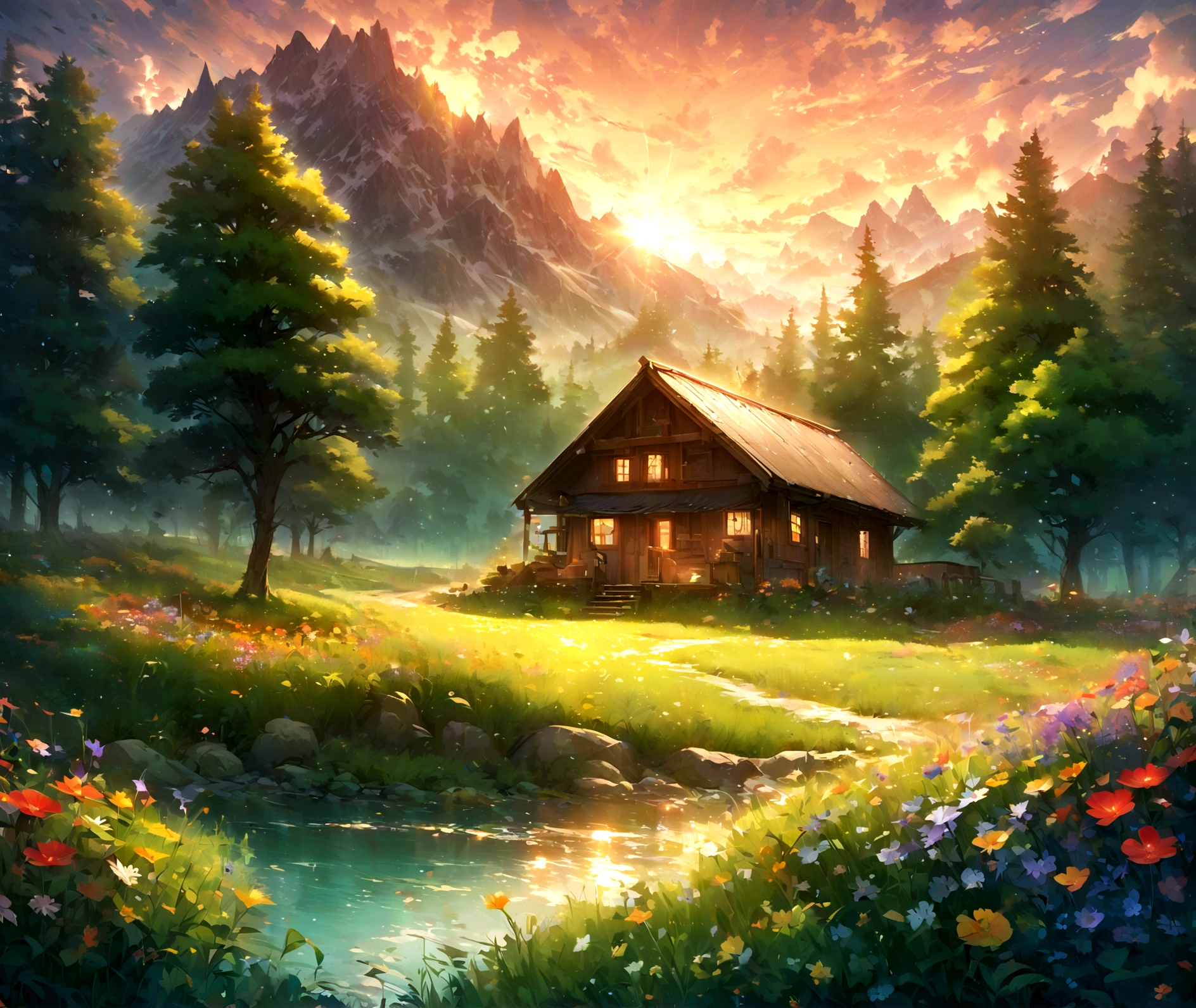 ((Masterpiece, top quality, high resolution)), ((highly detailed CG unified 8K wallpaper)), There is a plane flying in the morning sky, cloudy morning sunrise, strong sun rising in the sky, moody morning sunrise in the background, orange sky outside, cloudy morning sunrise, In the serene light of dawn, a small, rustic wooden house stands far away, almost hidden amidst a lush, green forest. The surrounding trees are bursting with life, their leaves shimmering in various shades of green and gold as the first rays of sunlight touch them. A majestic mountain looms in the background, its peak crowned with snow that glows softly under the early morning light. The sky is painted with shades of pink, orange, and lavender, dotted with whimsical clouds that seem to float effortlessly. Colorful flowers of all kinds bloom abundantly in the foreground, adding a splash of vivid reds, yellows, and purples to the scene.sky setting, morning sunrise in the background, sunrise is, morning sunrise in the background, sky in the background, sky in the background, dramatic sky and,