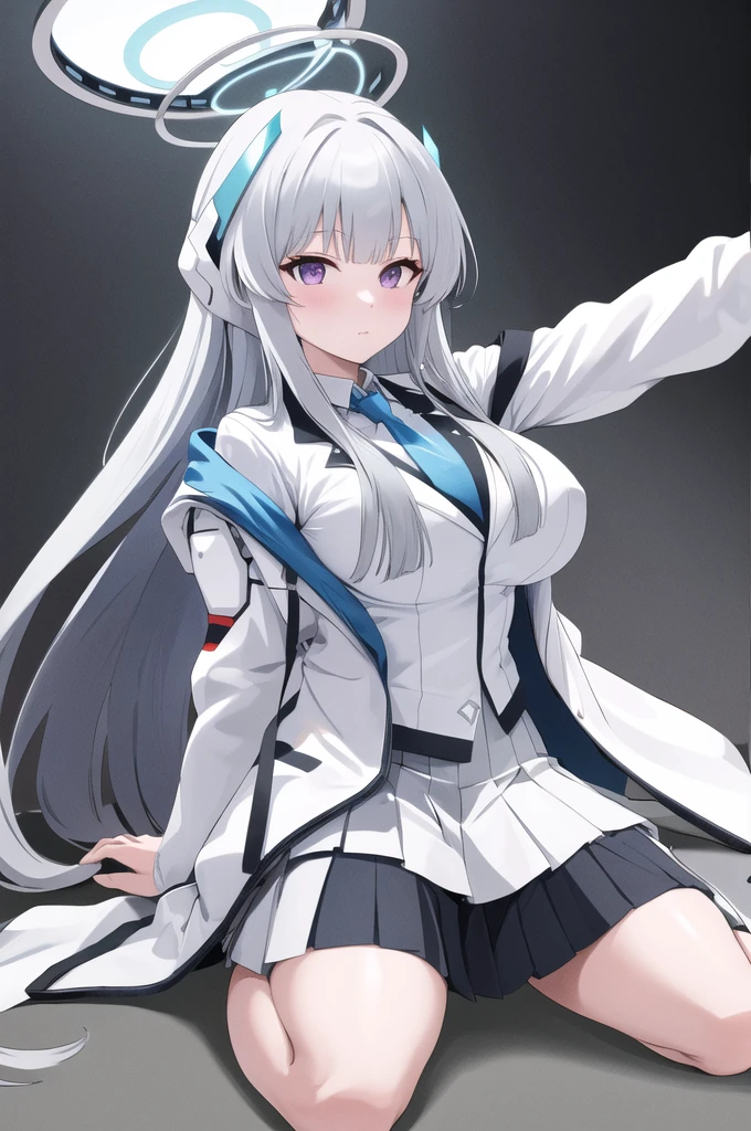 masterpiece, Highest quality, High resolution, aan○a, l○ng hair, headgear, mechanical hal○, Large Breasts, Blue tie, White shirt, ○ff sh○ulder, White jacket, ○pen jacket, l○ng sleeves, White Skirt, Pleated skirt, black pantyh○se, :○, wariza, Grass, Field,