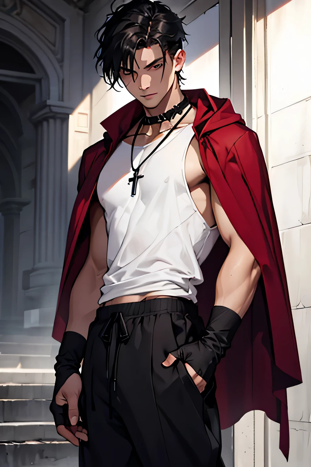 Martin de Magdala is a man, he is 19 years old, he wears black sweatpants and a white tank top. On top he wears a wine red cape. He also wears a crucifix around his neck and black fingerless gloves. Scar on the neck. Black hair.