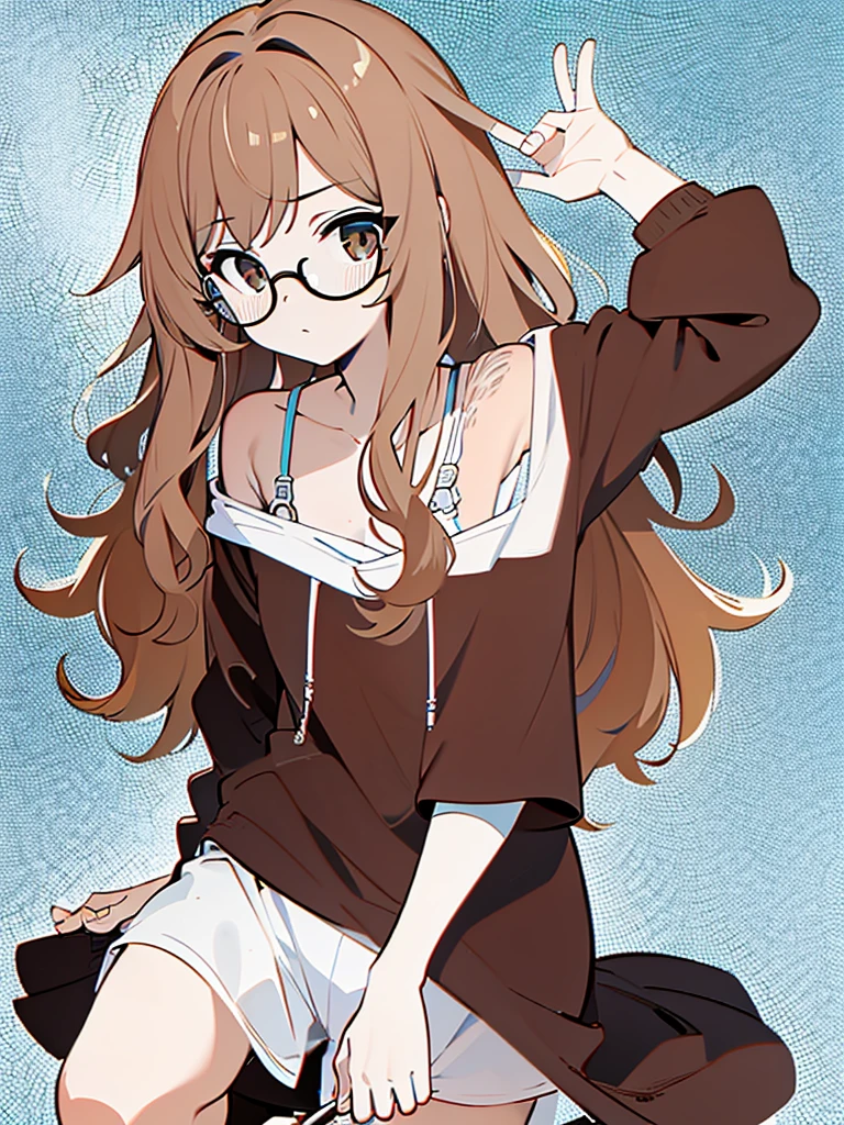 Wavy hair a little below the shoulder, brown, olhos browns, wear glasses, and spots lighter than the skin