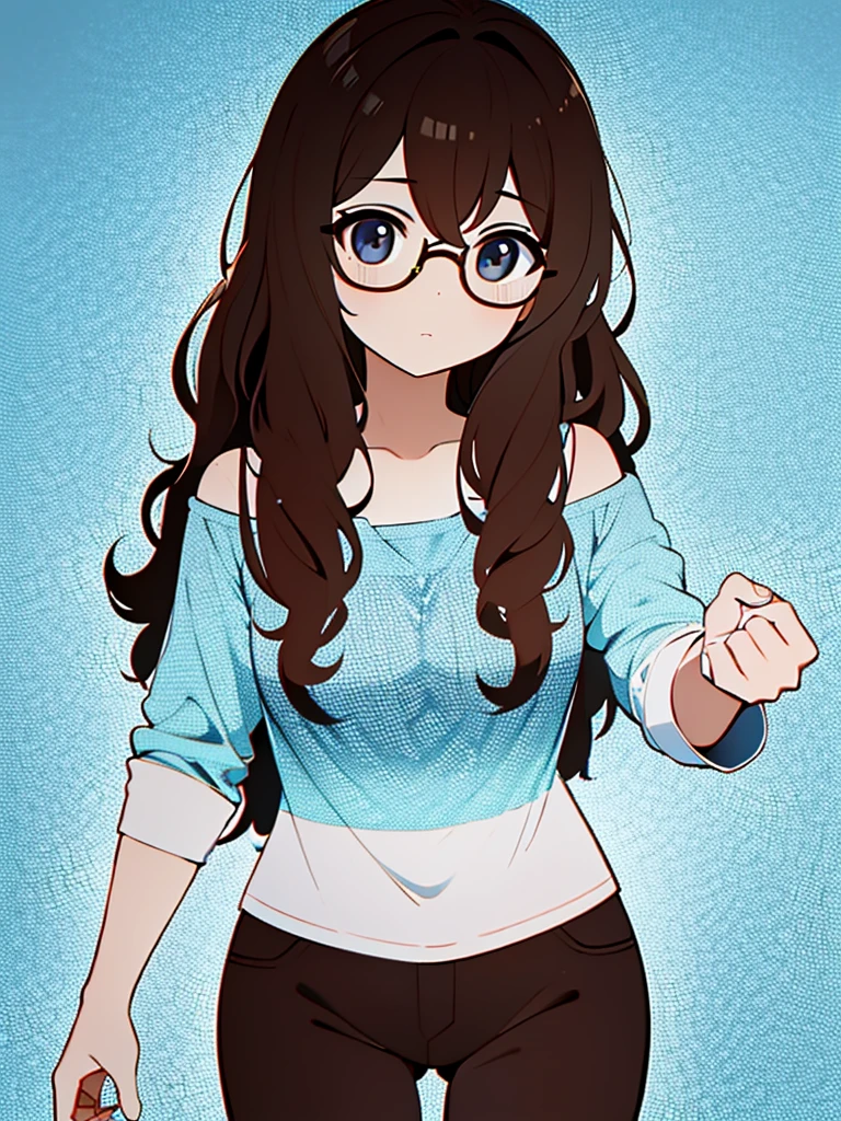 Wavy hair a little below the shoulder, brown, olhos browns, wear glasses, and spots lighter than the skin