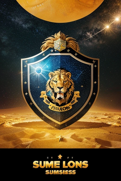 Image of a shield with a roaring lion, holding a basketball and surrounded by stars. The text "Lions Stars Summer Camp" is written at the top of the shield in a dynamic font. The colors used are yellow, orange and blue.]