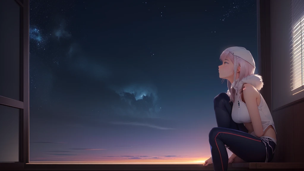 Anime girl sitting on the windowsill looking at the sky, two-dimensional minimalism, best anime 4k konachan wallpapers, 4k comics wallpaper, Anime girl squatting, 2d anime, Anime style 4K, 4K anime wallpaper, anime art wallpaper 8k, anime wallpaper 4k, anime wallpaper 4k, Beautiful anime girl squatting